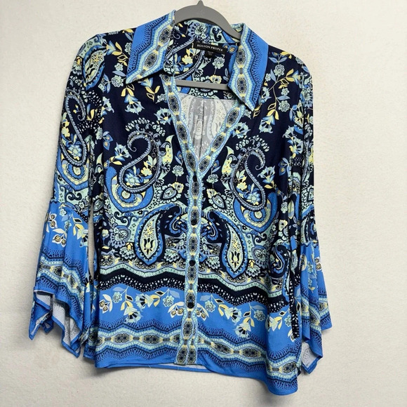 Boston Proper Border Print Flare Sleeve Shirt Xs Blue Collared Paisley Button - Picture 2 of 9